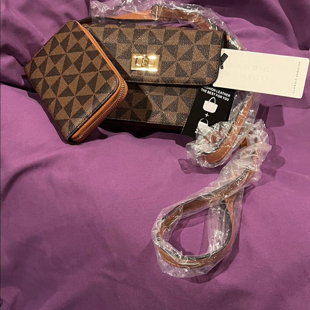 Classic Fashion Brown Geometric Crossbody Bag and Wallet 2-Piece Set NWT